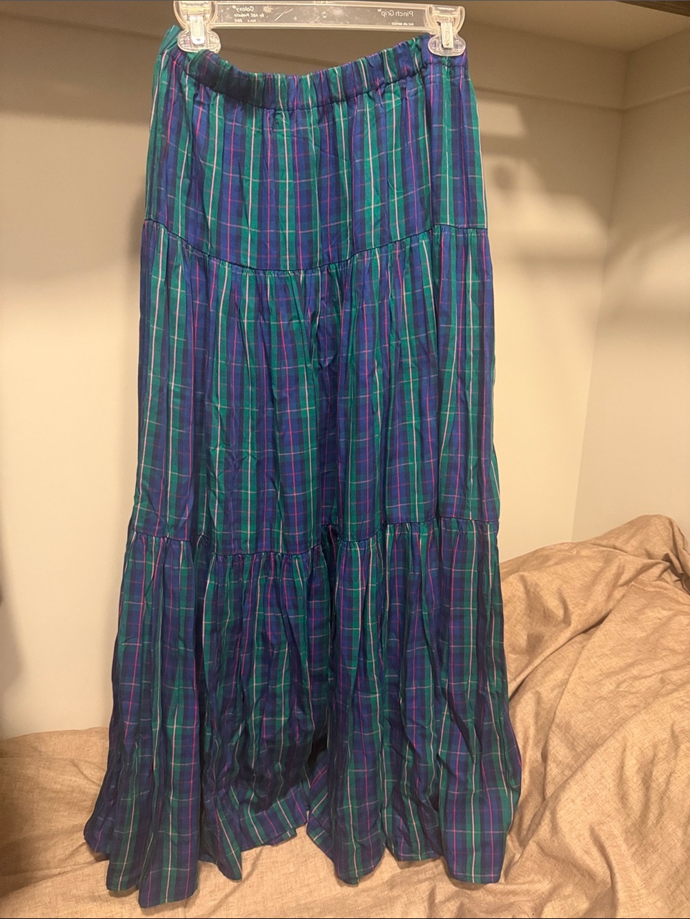 Chaps Green, Blue and Purple Plaid Tiered Maxi Skirt